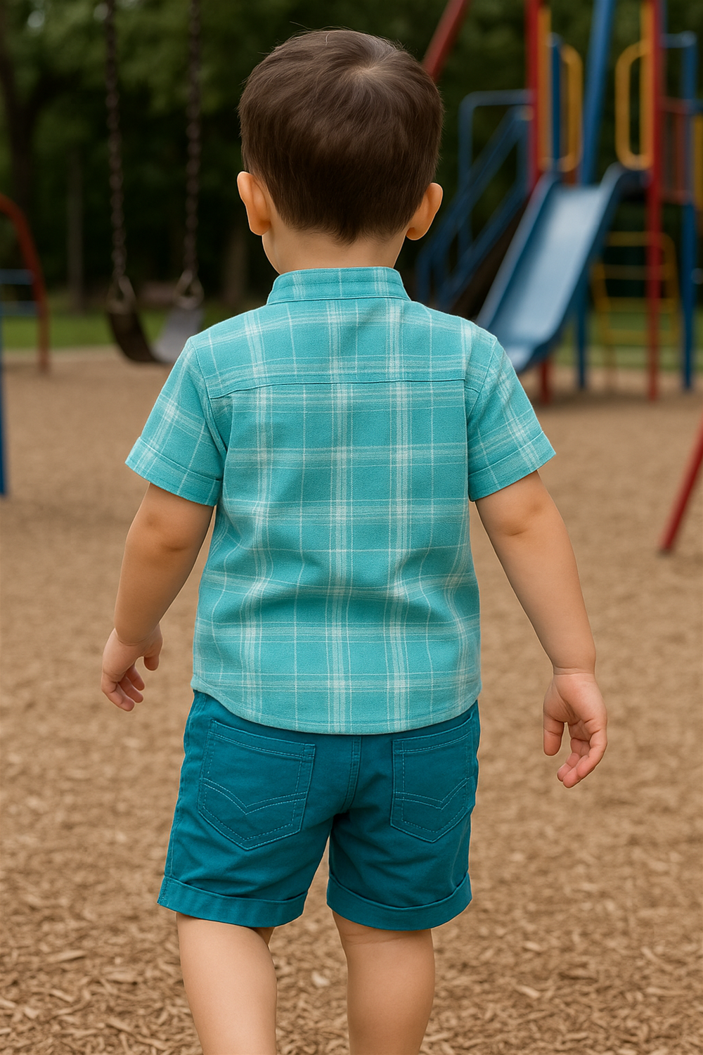 Back view of toddler in aqua plaid shirt and teal shorts, walking outdoors at playground with swings and slides.