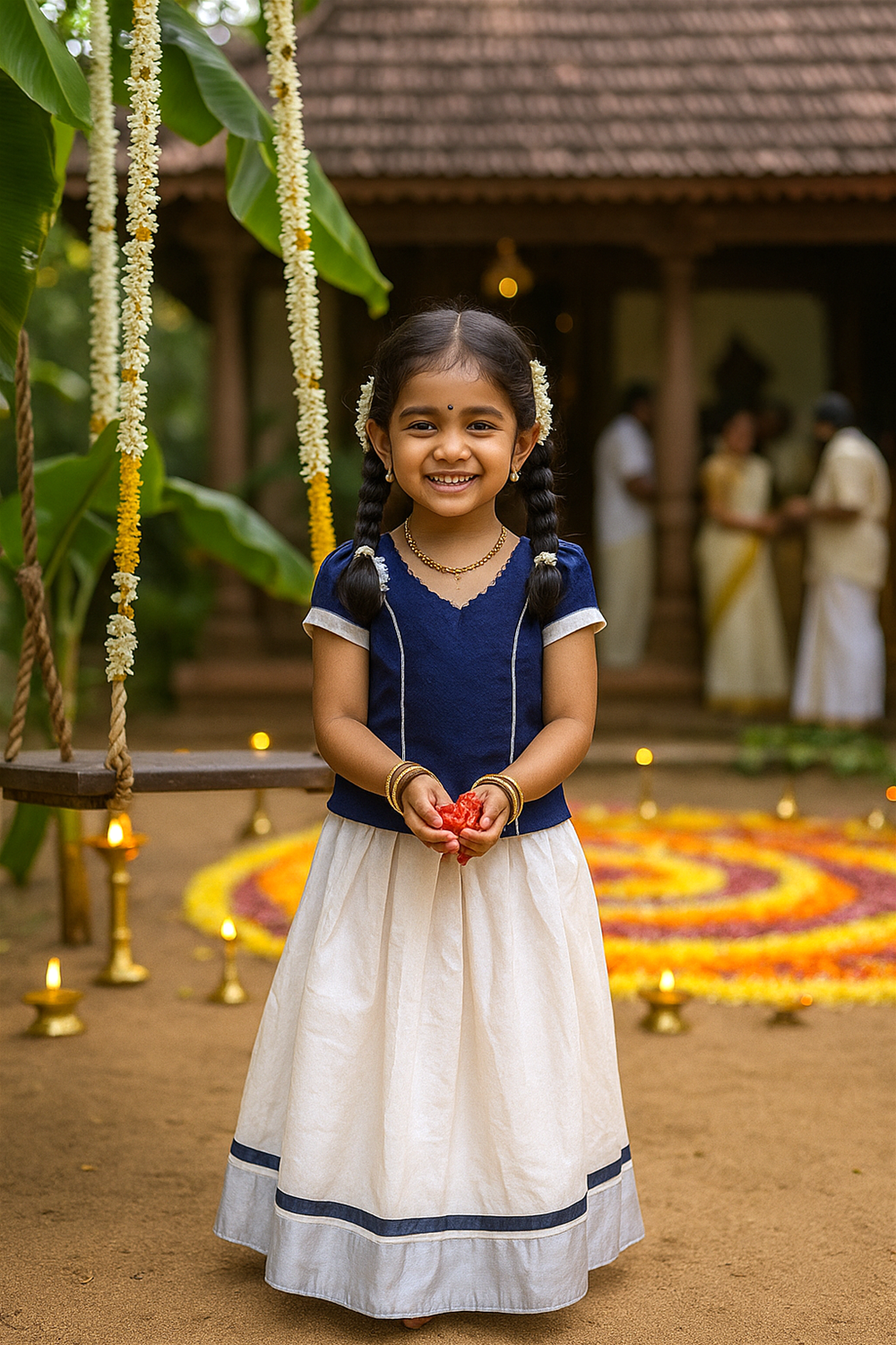 A little girl is dressed in a traditional Kerala skirt and navy blouse, standing joyfully in front of a flower rangoli during Onam celebrations. She smiles brightly, holding red flowers in her hands, surrounded by festive lamps and decorations.