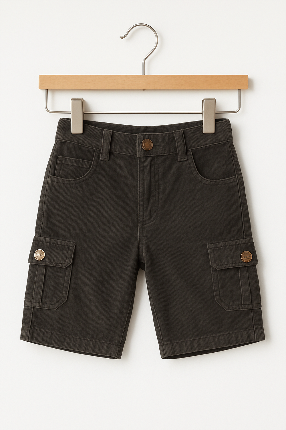 Dark Brown Corduroy with box side pockets and buttons., Ideal for casual wear. In Wooden Hanger Front View. 
