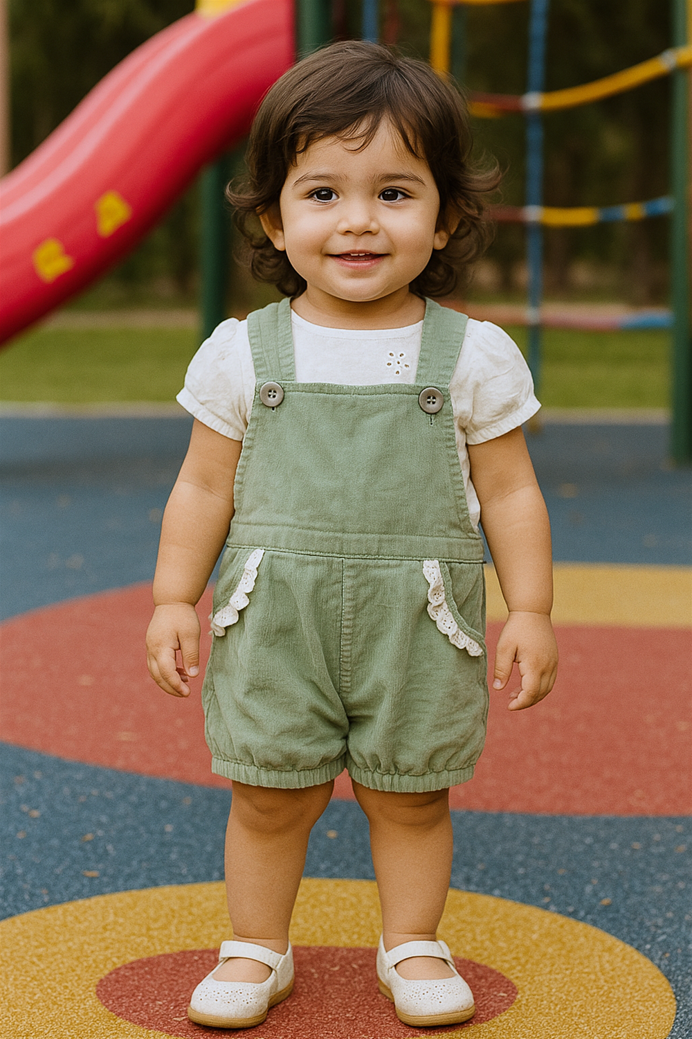 A toddler stands in a playground wearing a sage green overall romper with white lace-trimmed pockets, paired with a plain white hakoba inner and white shoes. The child looks slightly to the side with a curious expression, with playground equipment and greenery softly blurred in the background.