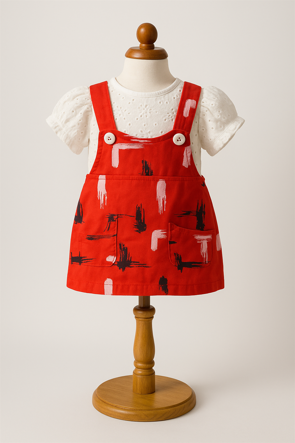 A baby girl's red printed pinafore dress with front pockets, styled over a white puff-sleeve eyelet top, displayed on a wooden dress mannequin. The mannequin stand adds a classic touch, highlighting the outfit’s vibrant design and toddler-friendly fit.