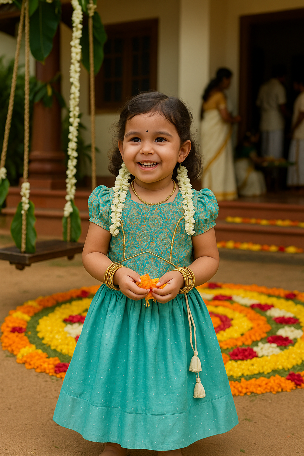A little girl in teal festive dress, jasmine garland on hair, smiling joyfully, holding marigold petals during Onam celebration.