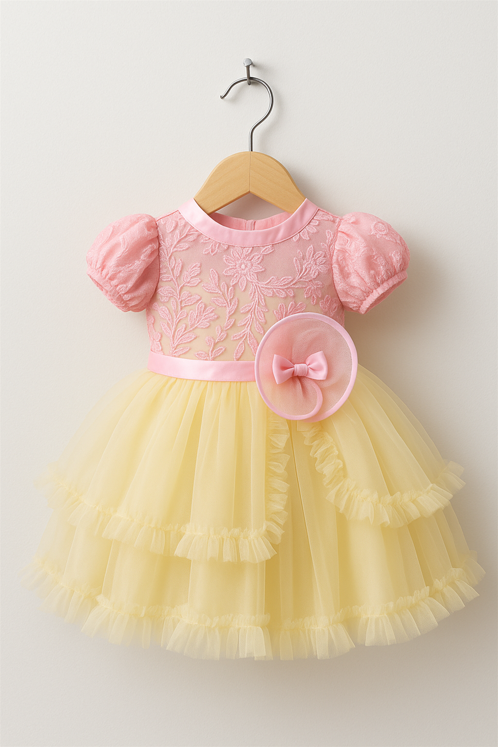 A yellow and pink dress in a wooden hanger front view.