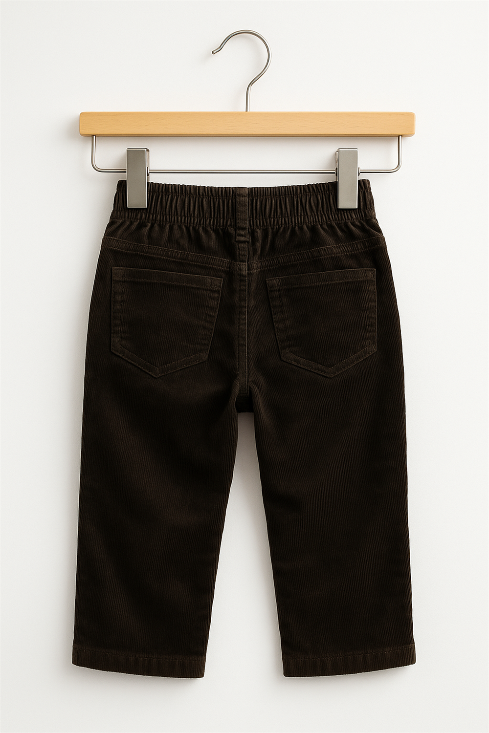 A pair of dark brown corduroy toddler pants shown from the back, hanging on a light wooden hanger against a cream-colored background. The pants feature an elastic waistband for comfort and two symmetrical back patch pockets with subtle stitch detailing. The soft ribbed texture of the corduroy fabric is visible, giving the pants a cozy and stylish appearance suitable for casual or semi-formal toddler wear.