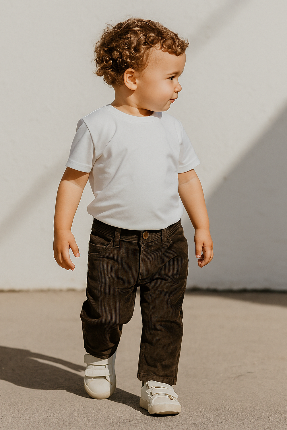A toddler with curly hair is stylishly dressed in a white short-sleeve t-shirt tucked into dark olive brown corduroy pants. The child is wearing white velcro sneakers and walking confidently on a sunlit concrete surface, casting a soft shadow. The pants feature a front button, belt loops, and front pockets, showcasing a smart and comfortable fit ideal for active toddlers. The bright lighting and neutral background enhance the outfit's detail and texture.          Ask ChatGPT