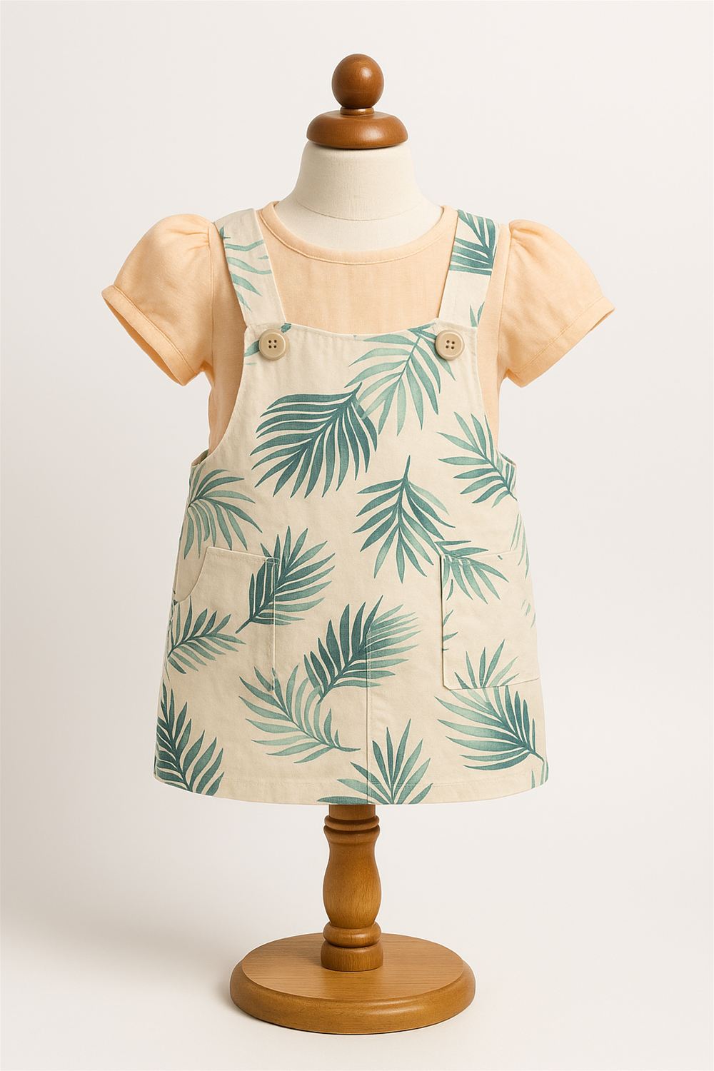 Front view of a baby girl tropical pinafore dress with green palm leaf prints on beige fabric, styled over a peach puff-sleeve top. Displayed on a wooden-stand baby mannequin against a light neutral background for a clean, studio-style presentation.