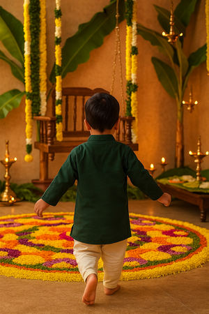 A young boy in a green kurta and cream pants walks barefoot toward a wooden swing, surrounded by banana leaves, marigold garlands, brass lamps, and a vibrant floral rangoli during an Onam celebration. Warm festive lighting enhances the traditional setting.