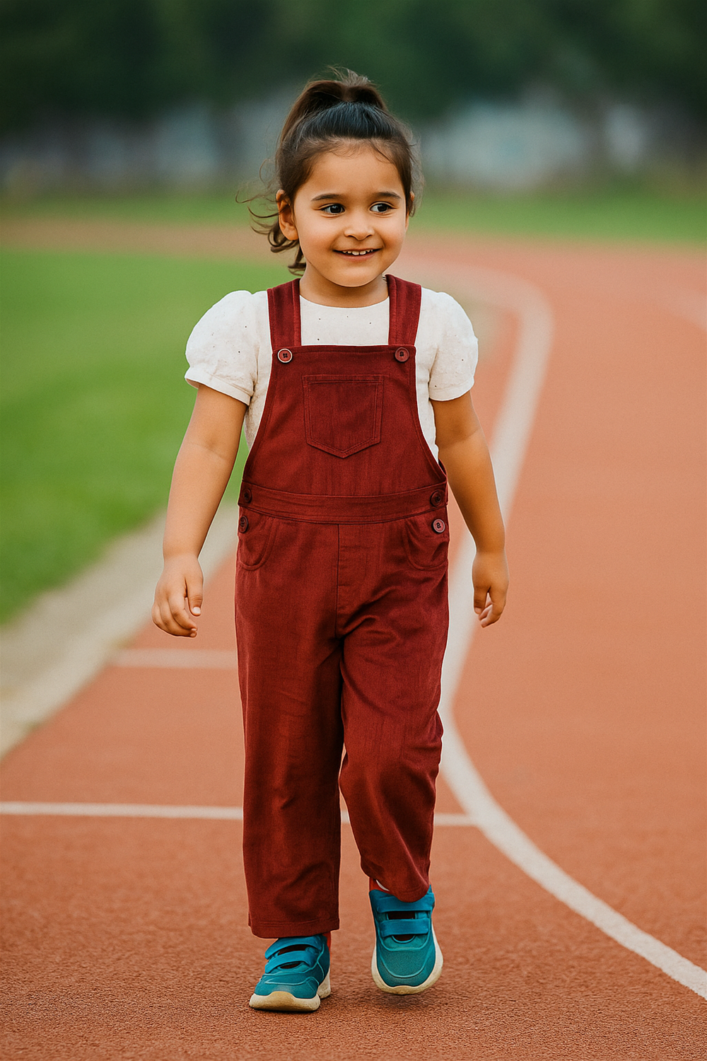 A cheerful young girl walks confidently on a running track, wearing a white short-sleeve shirt and deep red dungarees. She pairs her outfit with bright blue sports shoes, exuding an energetic and playful vibe.
