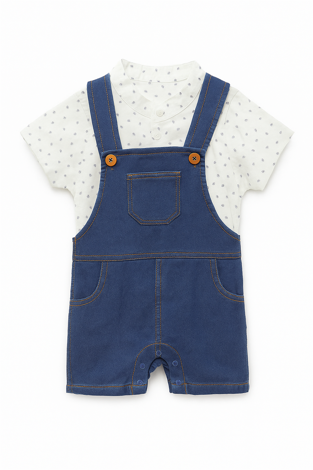 Adorable baby boy's dungaree in denim with a matching white polka dot shirt, ideal for a fun and trendy look.