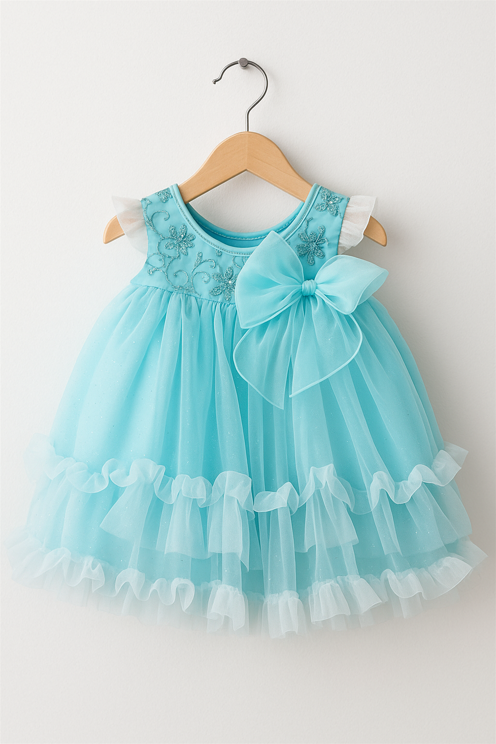 Designed to make your little one shine at every celebration, the frock radiates elegance, freshness, and innocence, ideal for birthdays, festive gatherings, or photo shoots.