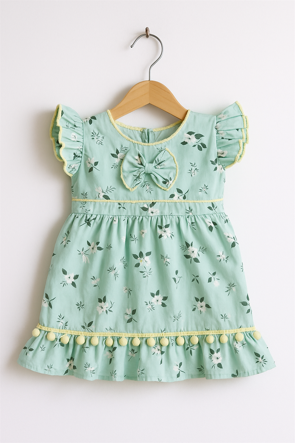 A front view of a mint green baby dress displayed on a wooden hanger against a white wall. The dress features flutter sleeves, a central bow, floral print, and a yellow pom-pom trim at the hem.