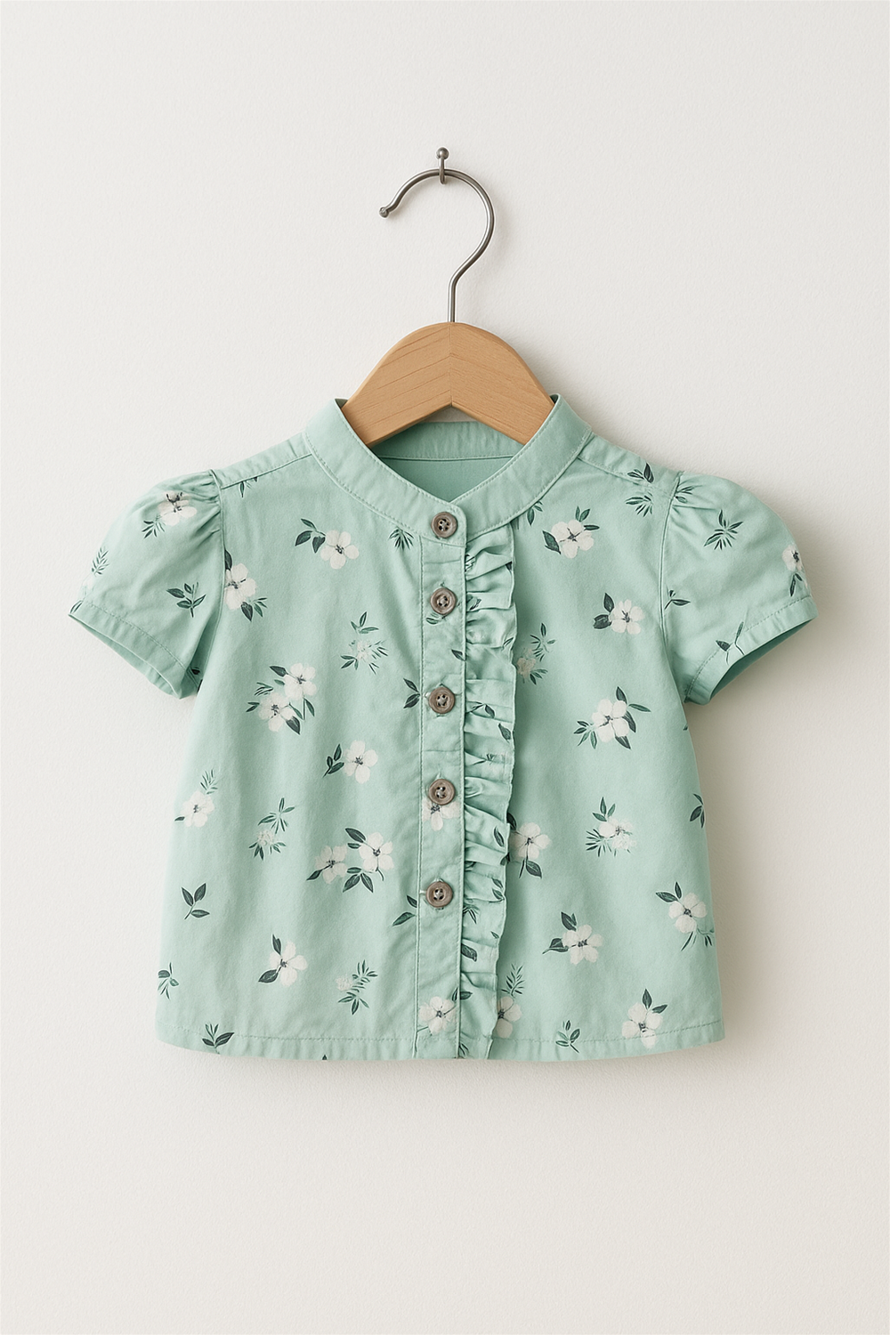 Front view of mint green Chinese collar girl’s top with floral print, wooden buttons, and central ruffle detailing, displayed on hanger.