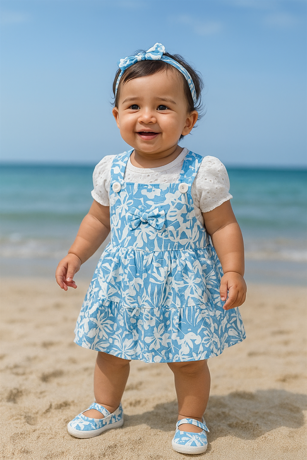 A cheerful baby girl stands on the sandy beach wearing a blue and white floral pinafore dress with a matching bow headband and shoes. The ocean waves and clear sky create a perfect seaside backdrop for this adorable toddler outfit.