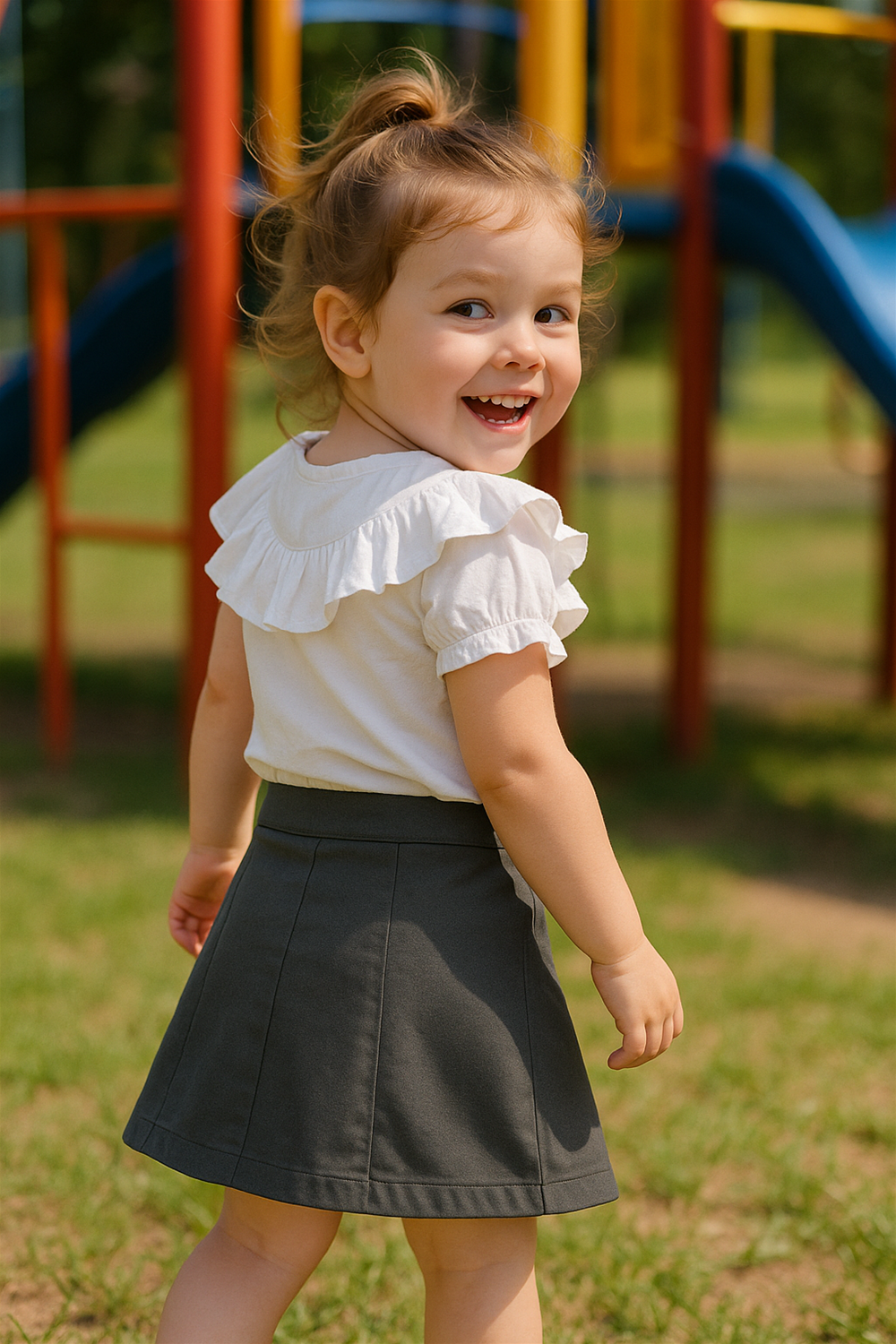 Cheerful little girl turning back playfully in playground, wearing Dark Grey  skirt with white ruffled blouse, bright outdoor background with equipment.
