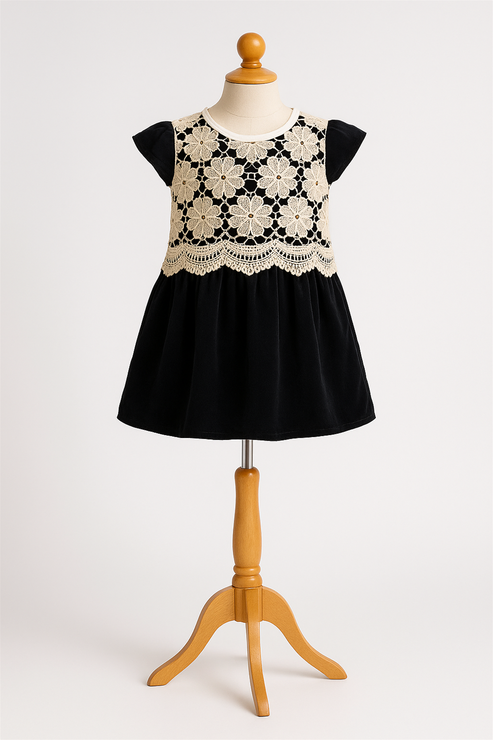 A off white cut work with black velvet party wear frock in a Foam Mannequin.