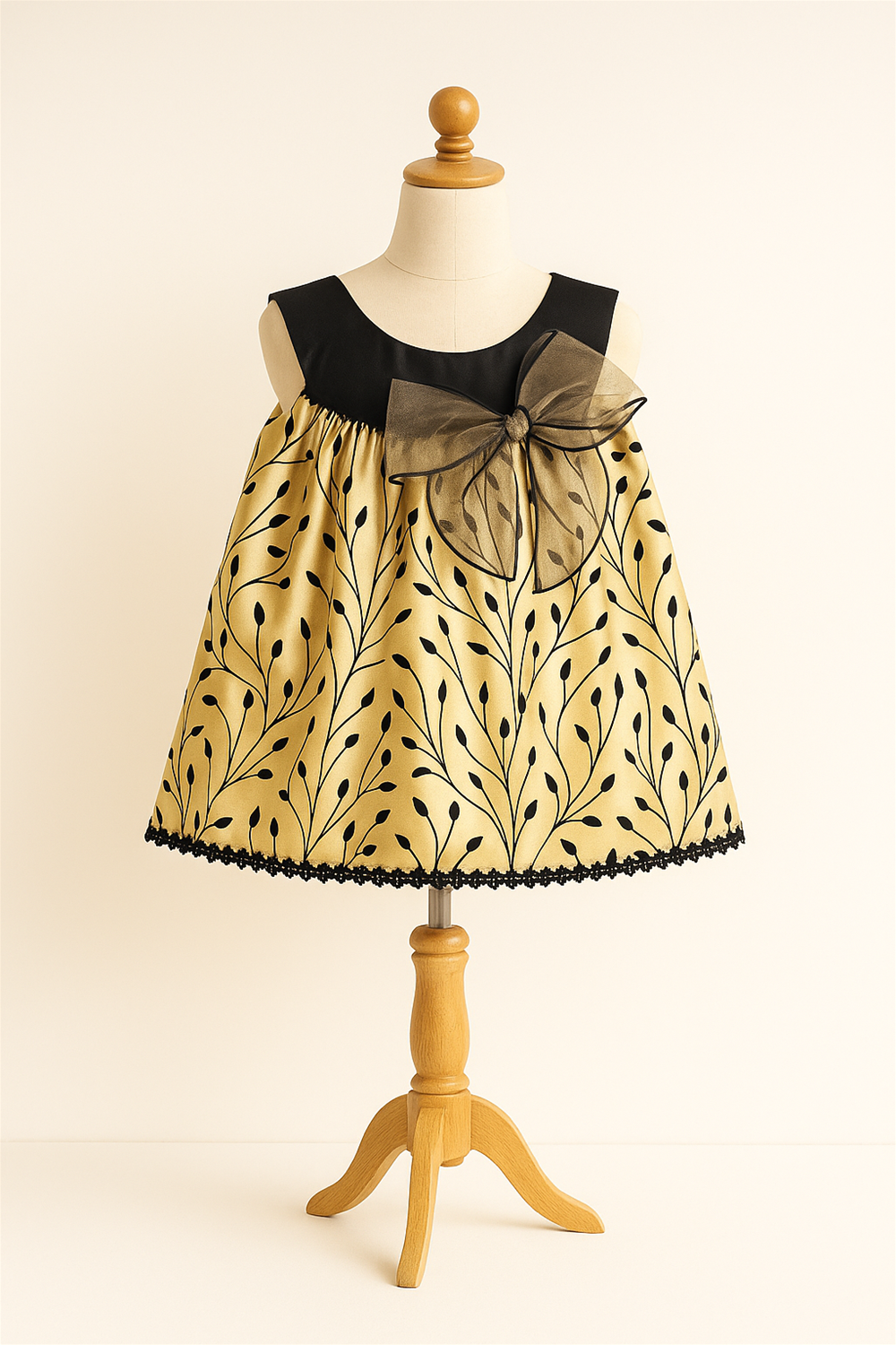 Elegant golden and black dress adorned with a black bow, showcasing a chic design.