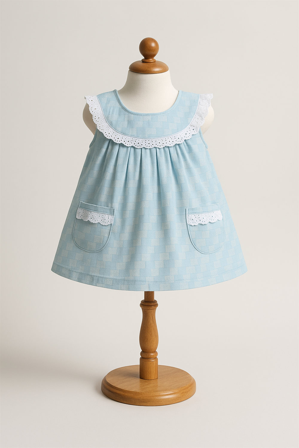 Light blue sleeveless baby dress with lace-trimmed collar and front pockets, displayed on wooden mannequin stand against plain white background.