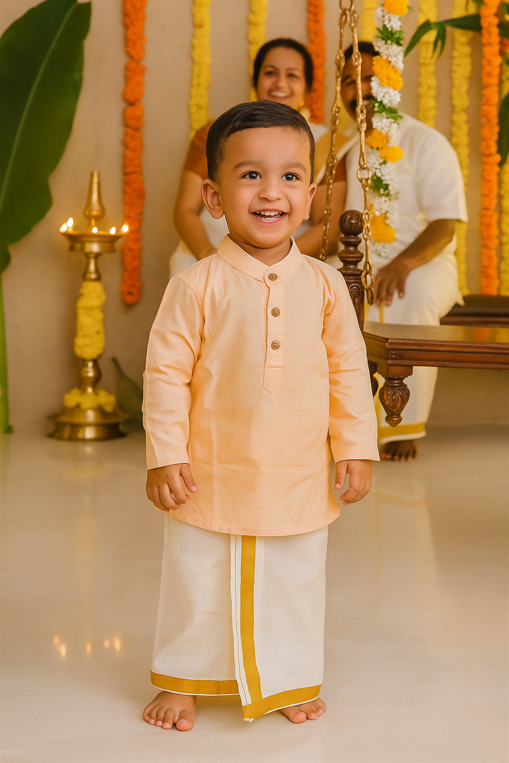 Smiling toddler in peach kurta and cream dhoti with golden border, standing joyfully indoors during Onam festive celebration.