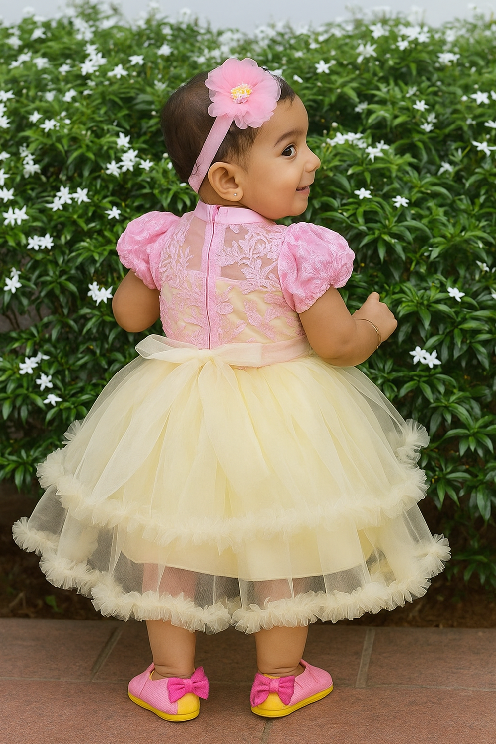A baby girl wearing a yellow and pink dress, smiling and sitting on a soft surface. Back view.