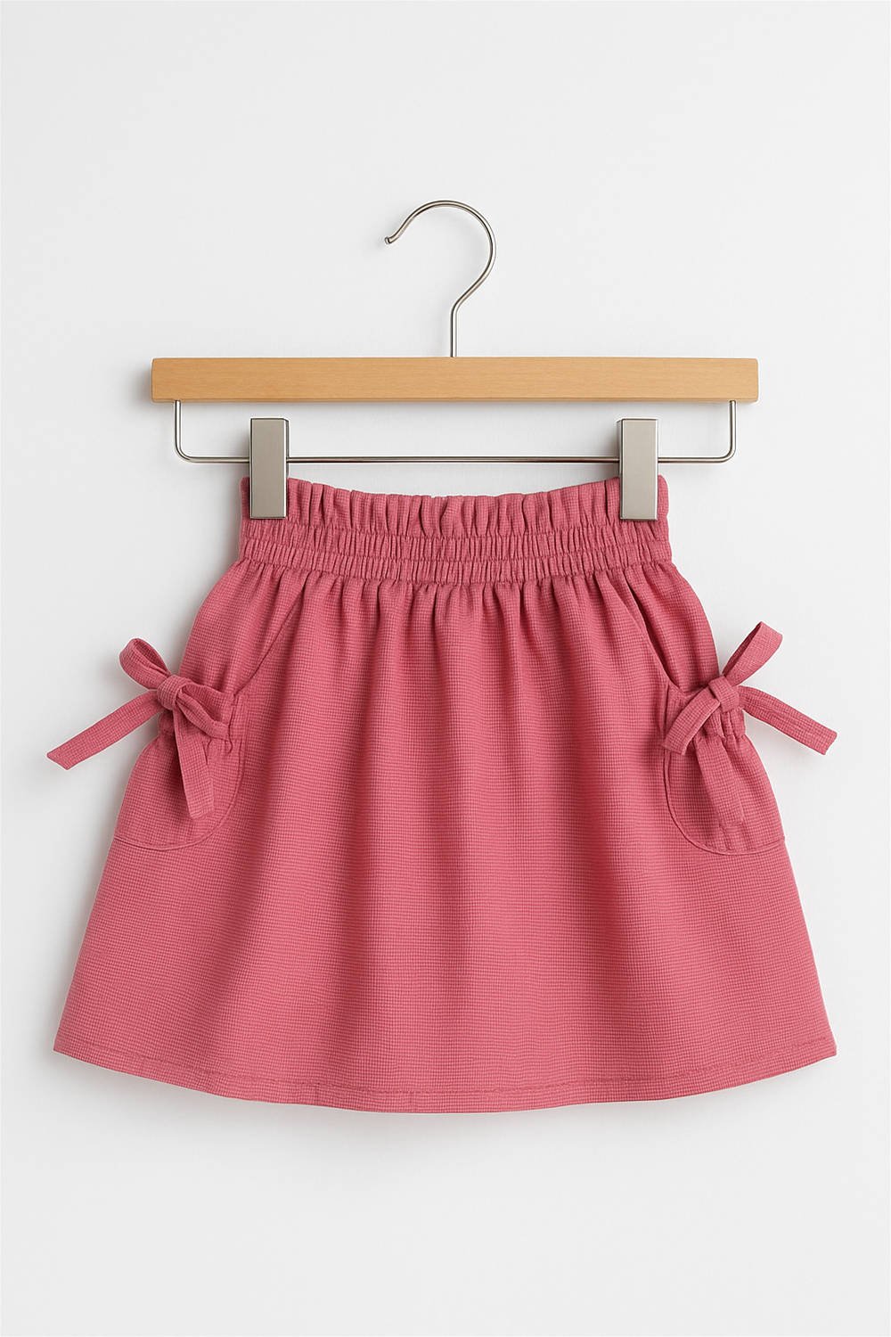 Pink textured skirt displayed on a wooden hanger, featuring elastic waistband and side bow details, against a plain white background.