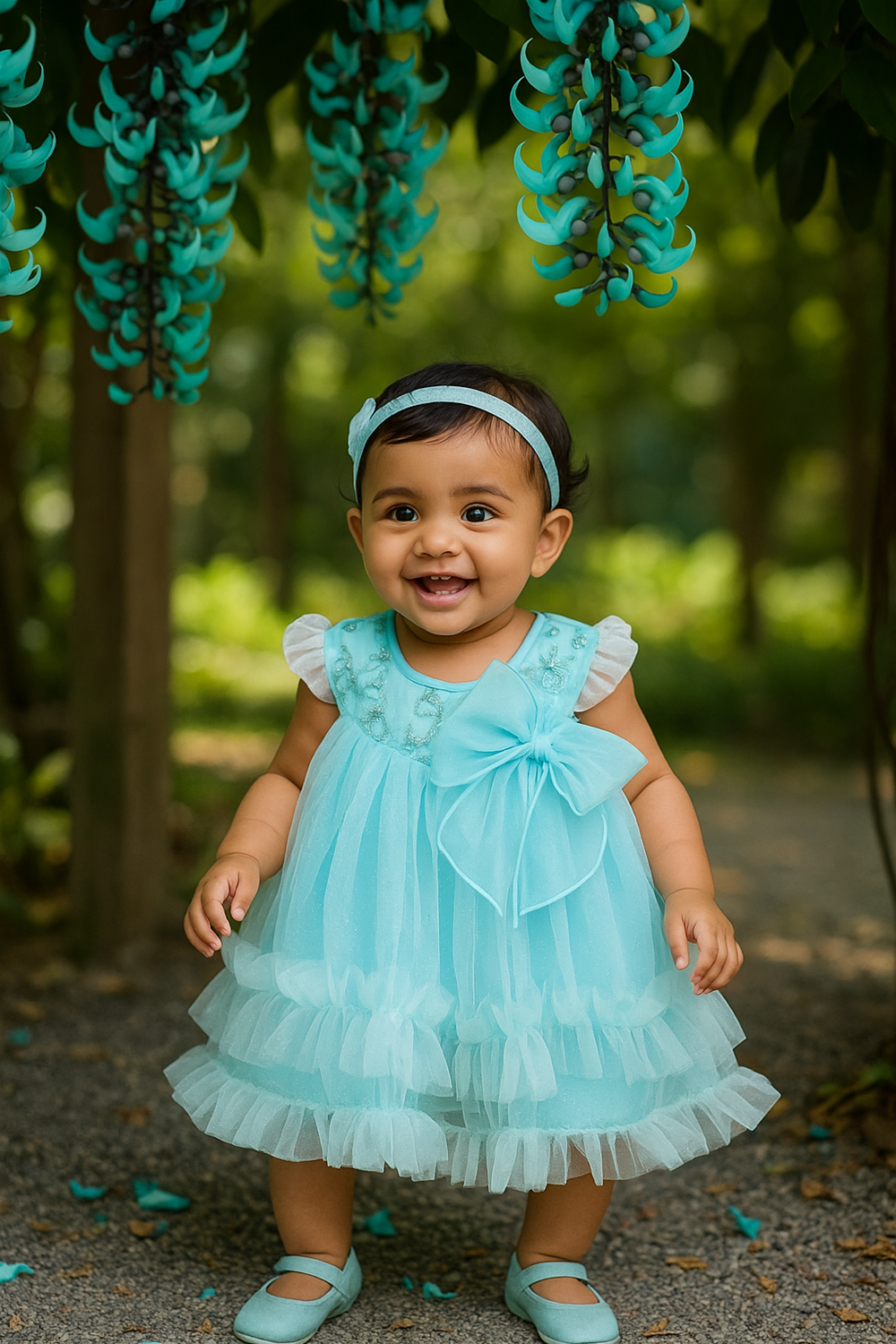 aqua blue baby party wear frock features floral embroidery, layered ruffles, and a big bow accent