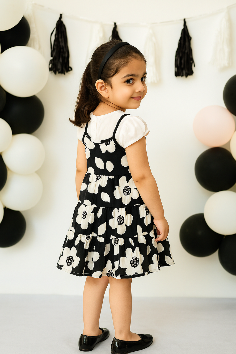 A cheerful baby girl wearing a black and white dress with a playful expression.