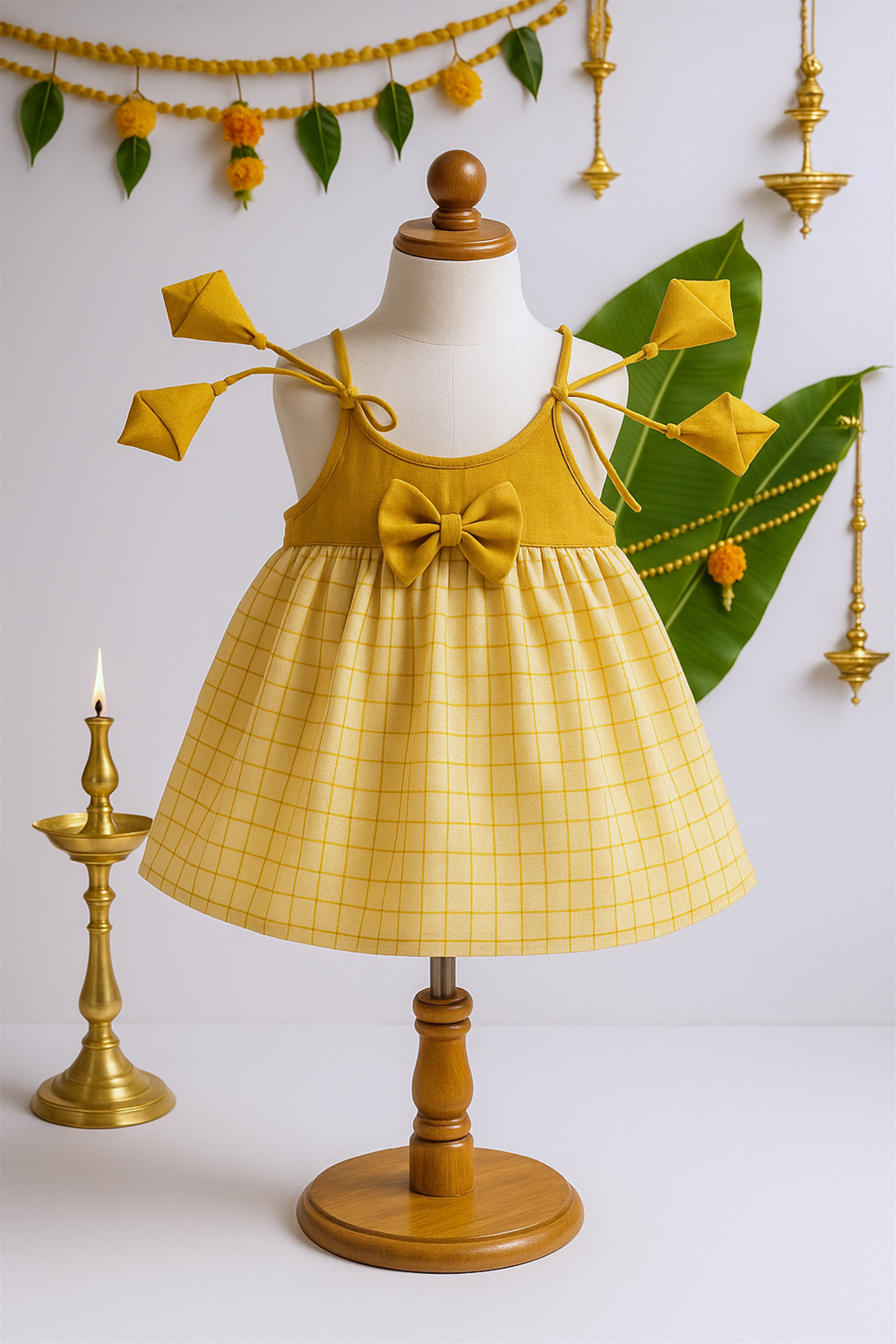 A charming baby Onam dress featuring a mustard yellow bodice with a central bow and a cream skirt patterned with golden checks. The festive outfit is displayed against a traditional backdrop with lamps, marigold garlands, and banana leaves, enhancing its cultural elegance.