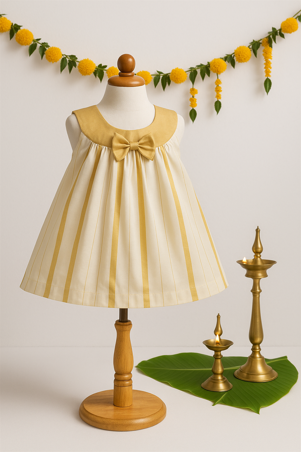 Dress on Mannequin: A cream and gold striped baby frock with a golden bow is displayed on a mannequin, surrounded by festive yellow marigold garlands and brass lamps. The setup highlights traditional elegance and festive charm.