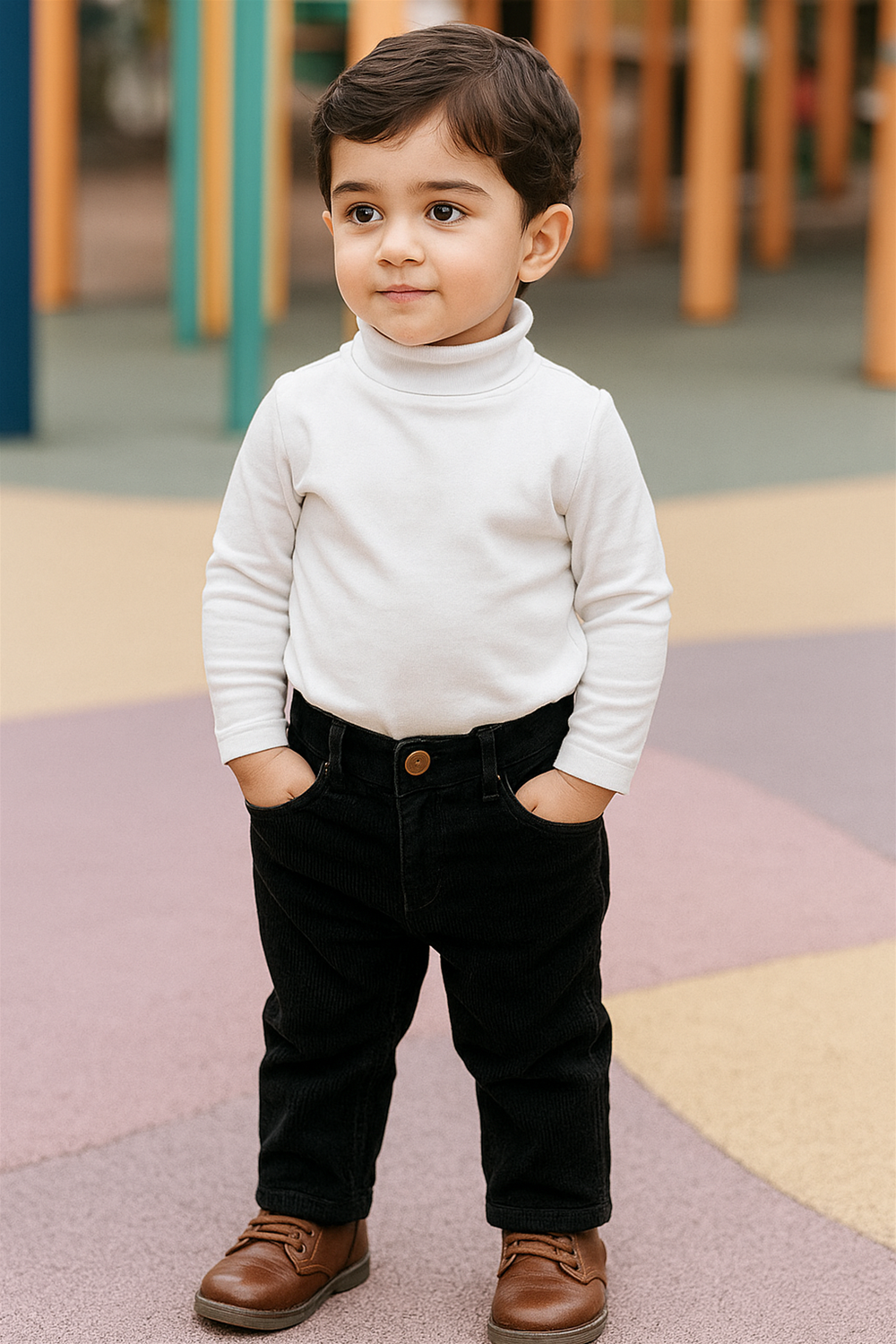 A young boy wearing a white turtleneck top and black corduroy pants stands confidently with his hands in his pockets. He is also wearing brown lace-up shoes and standing on a colorful, soft playground surface, with vertical play structures in the background.