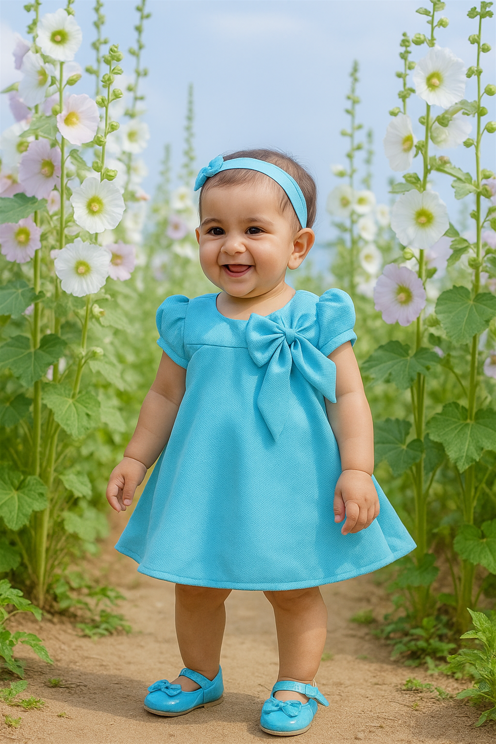 A baby girl in a sky blue dress party wear dress standing in a garden.