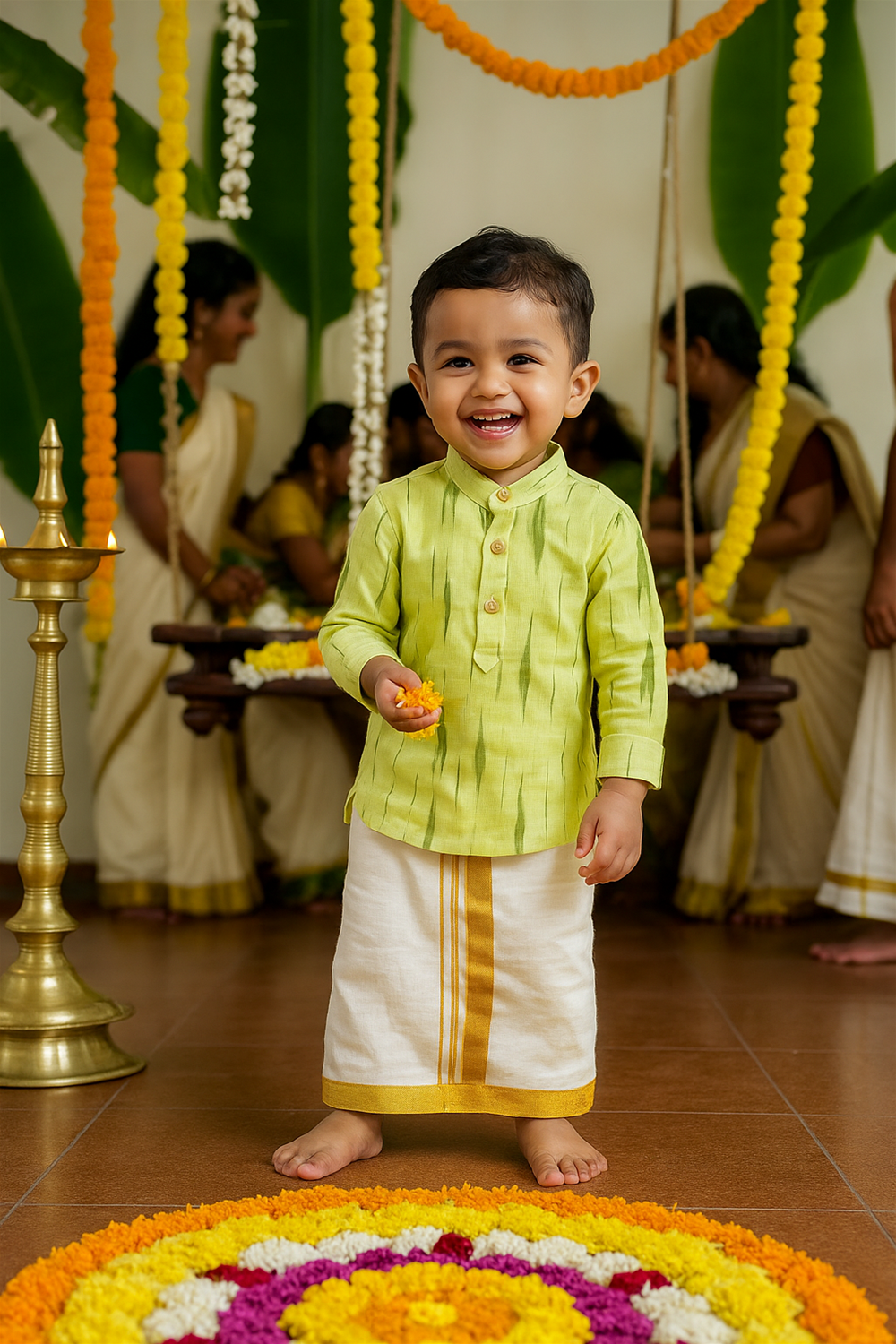 Smiling toddler in lime-yellow kurta and cream dhoti with golden border, holding flowers, stands joyfully near colorful Onam pookalam.
