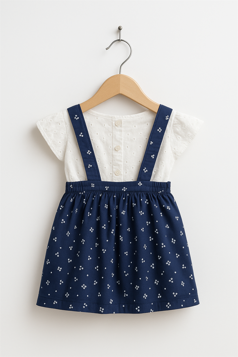 A baby girl's dress featuring a white shirt with a Chinese collar and blue polka dots, designed with half sleeves.