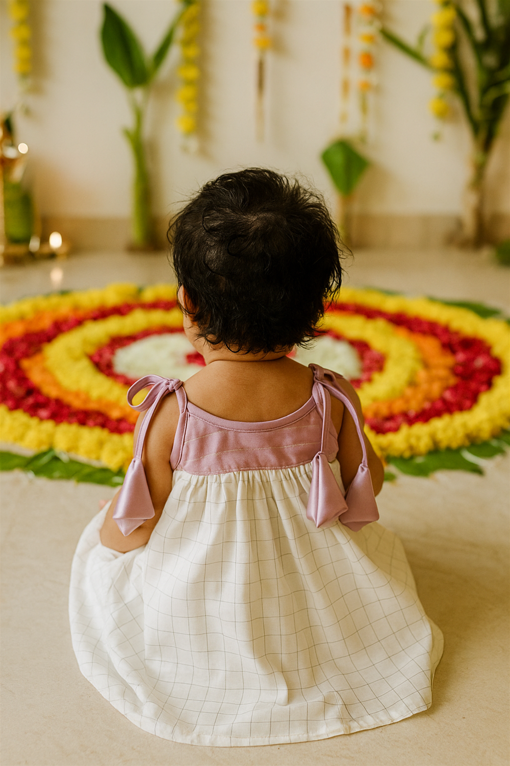 A baby sits with their back facing the camera, wearing the mauve and cream dress while gazing at a vibrant pookalam (floral rangoli). The festive background includes marigold strings and oil lamps, creating a traditional setting.