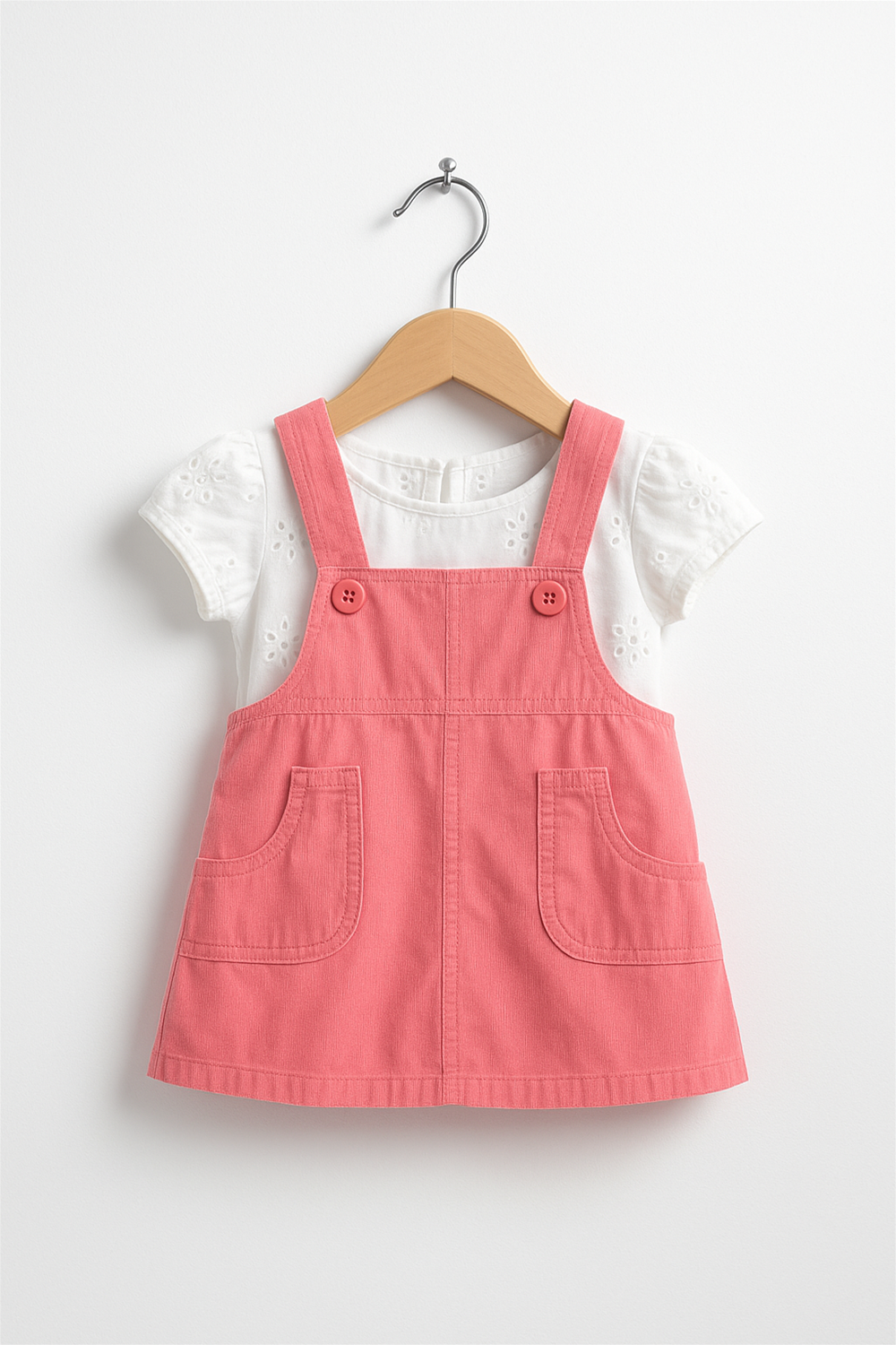 A pink corduroy pinafore dress in hanger front view.