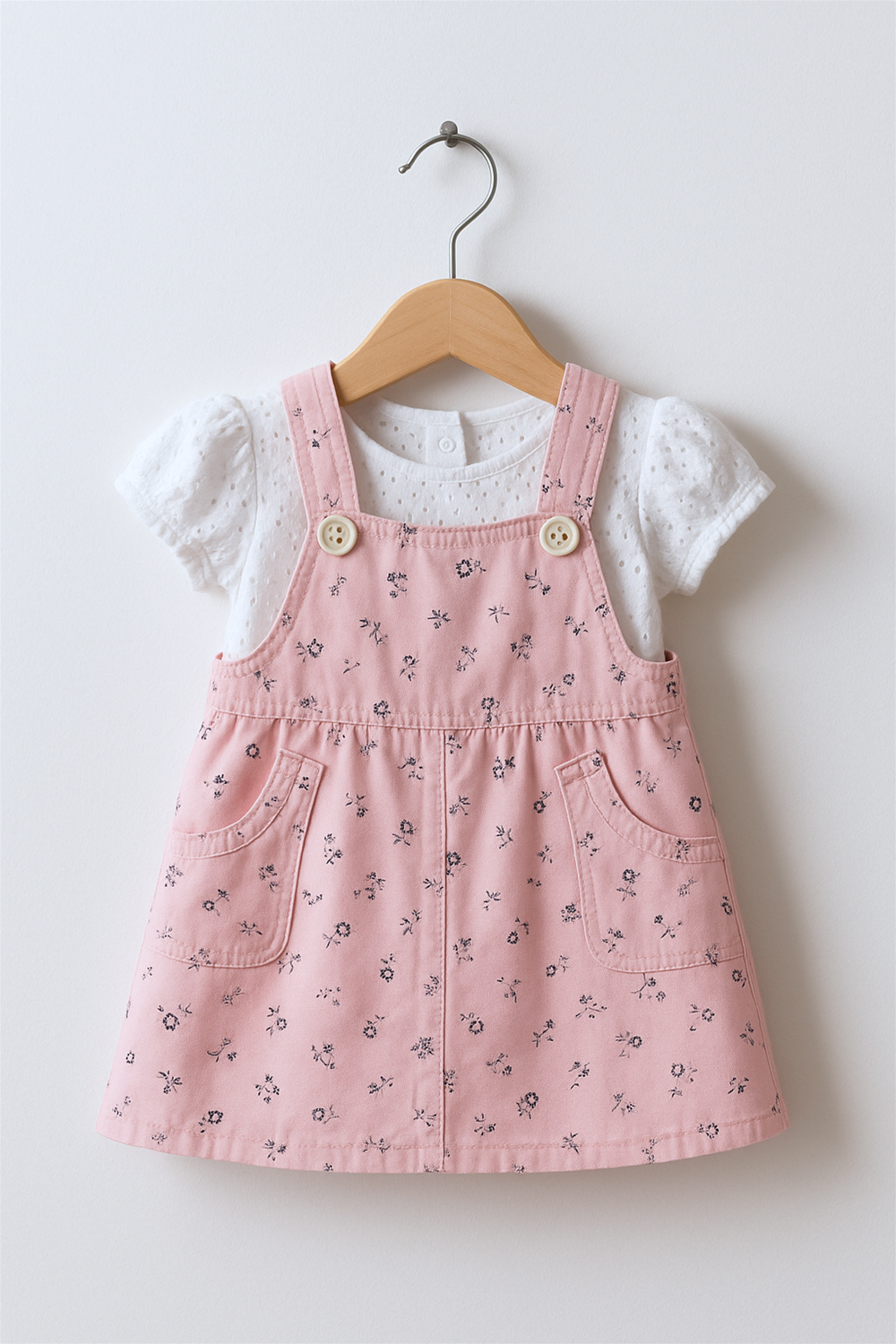 A baby girl's pink floral pinafore dress with front patch pockets is displayed on a wooden hanger. It features a white puff-sleeve eyelet top underneath, against a clean white studio background.