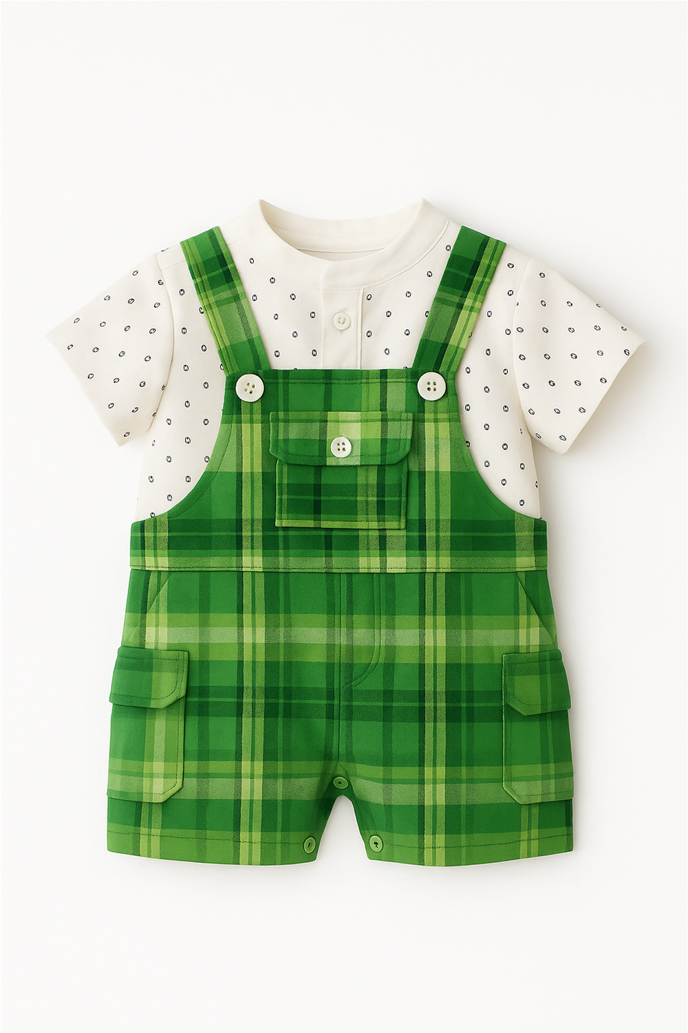 A baby boy's green and white check dungaree, featuring adjustable straps and a cute pocket detail.