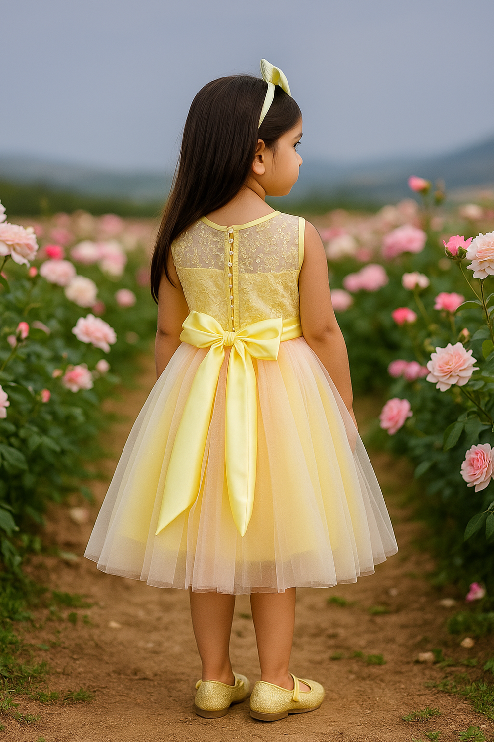 A little girl wearing a yellow lace and tulle frock with a big satin bow at the back, standing in a rose garden.