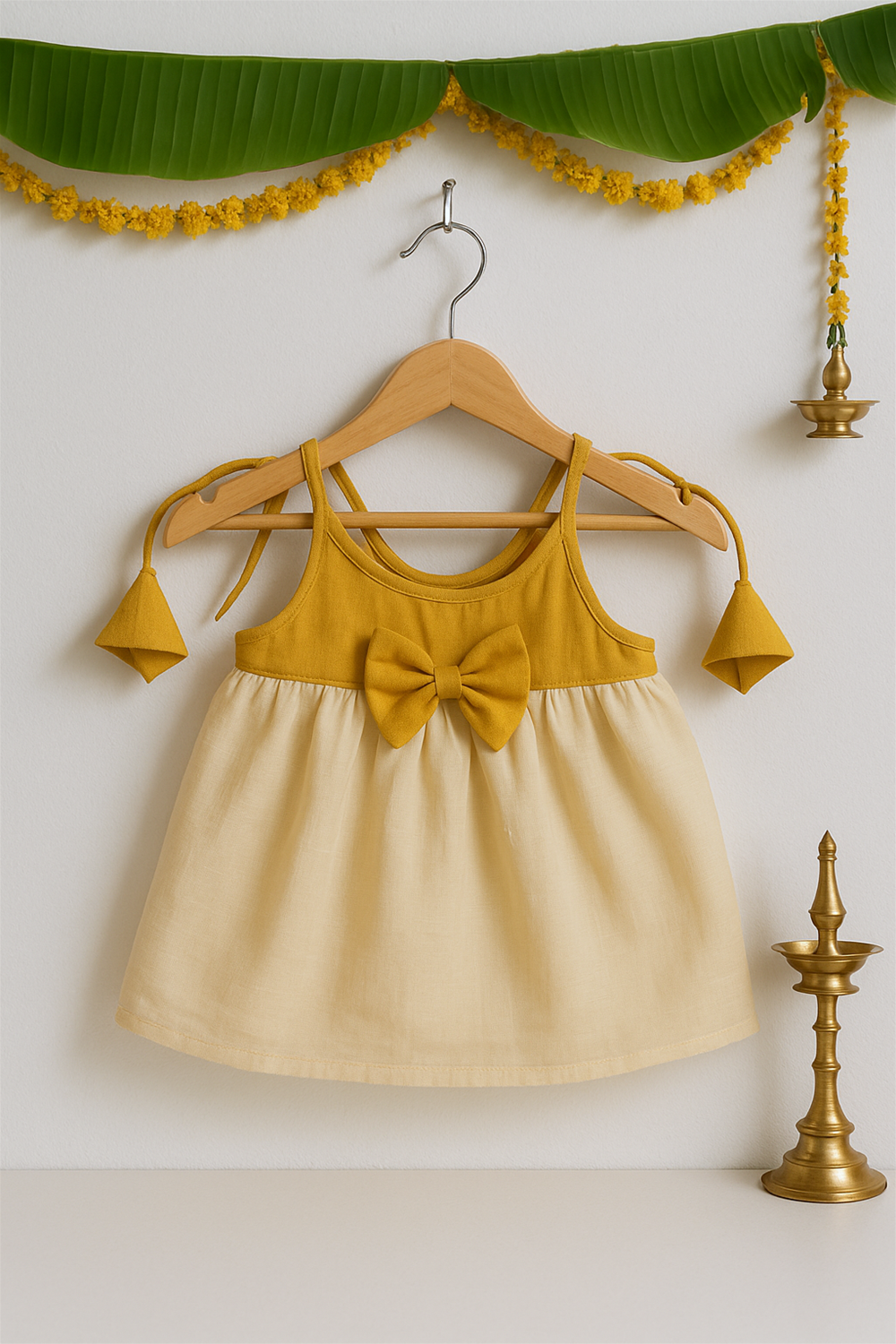 A traditional baby Onam dress in mustard yellow and cream hangs on a wooden hanger, featuring a bow at the front and tie-up shoulders. The backdrop is adorned with banana leaves, marigold garlands, and brass lamps, highlighting a festive ambiance.