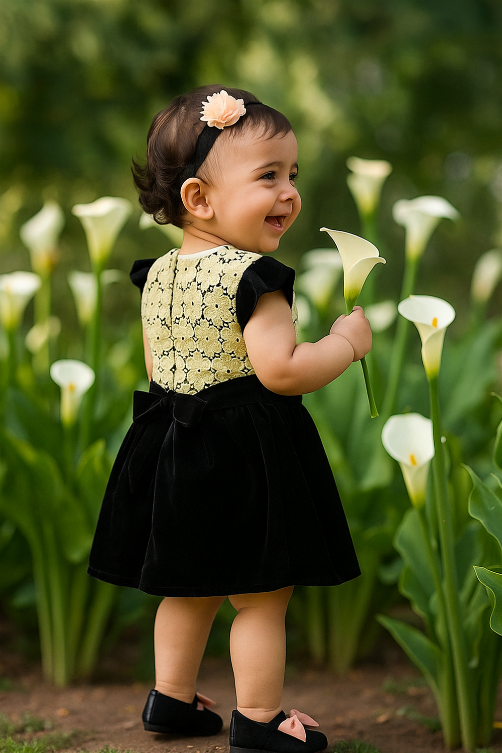 A baby girl wearing a off white cut work with black velvet, smiling and standing in a Ivory Calla Lilly garden back side view.