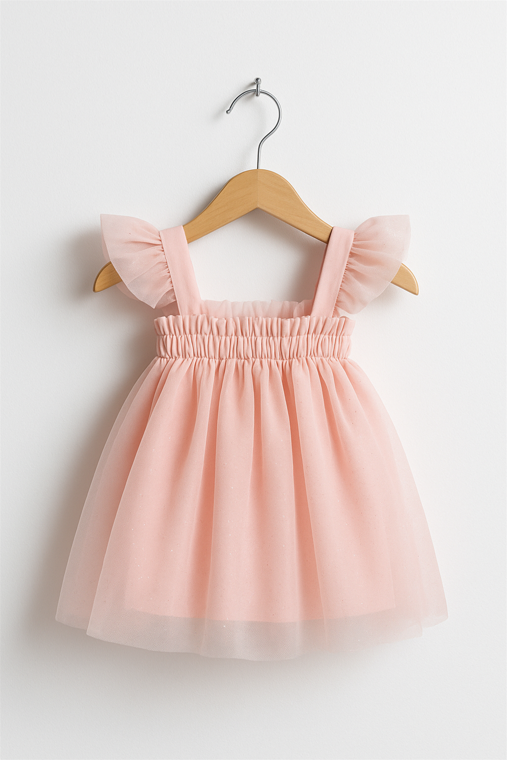 Peach net frock with ruffle straps and a gathered bodice, displayed on a wooden hanger. The dress features a flared skirt with a soft shimmer finish against a plain background