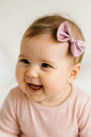 A smiling baby girl wearing a pink satin bow hair clip on her hair, matching her pink outfit, looking adorable.