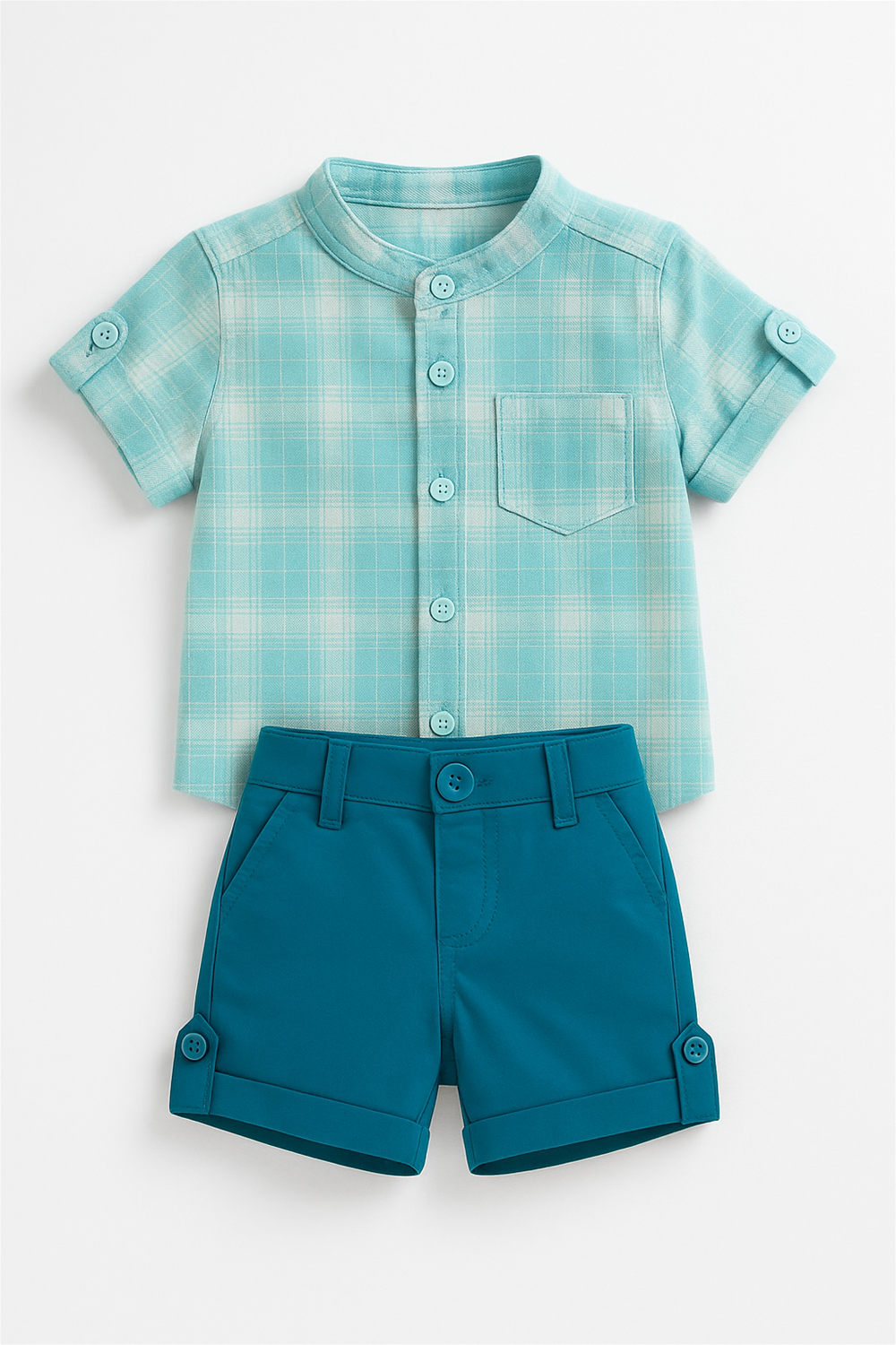 Toddler wearing aqua plaid shirt and teal shorts, standing outdoors in playground, looking ahead with calm expression.