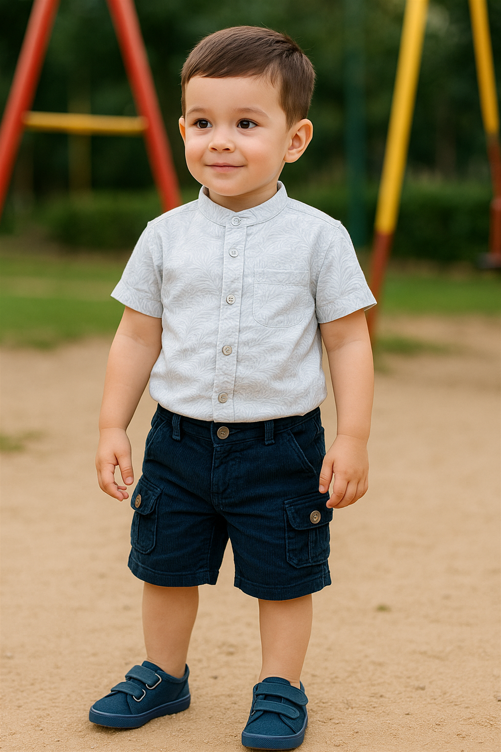 A cheerful young boy wears a half-sleeve Chinese collar shirt in soft beige with subtle leafy patterns. The shirt features a front pocket and tonal buttons, styled in a playful and comfortable fit.