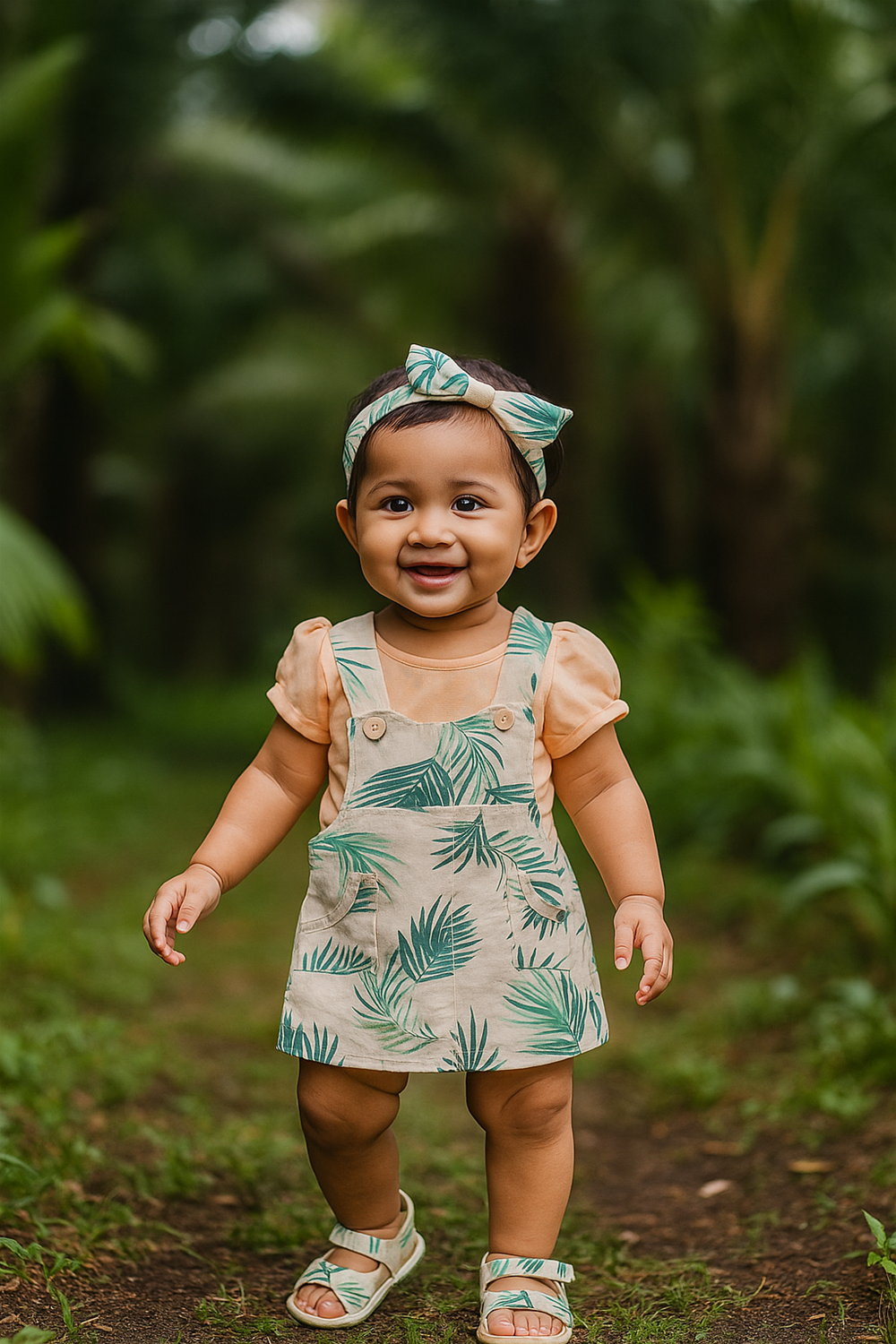 A cheerful baby girl stands in a tropical setting, wearing a beige A-line pinafore dress with green palm leaf prints, paired with a peach puff-sleeve top. Her outfit is completed with matching leaf-print sandals and a bow headband, radiating playful, summery charm.