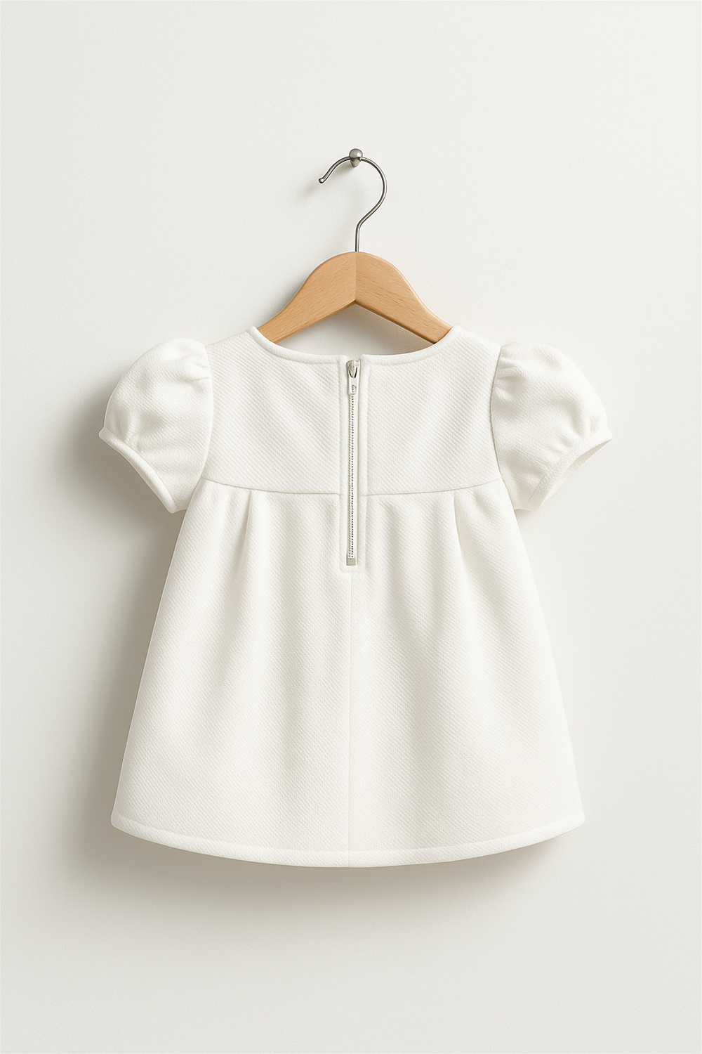 A baby in a full white zill mill in hanger.