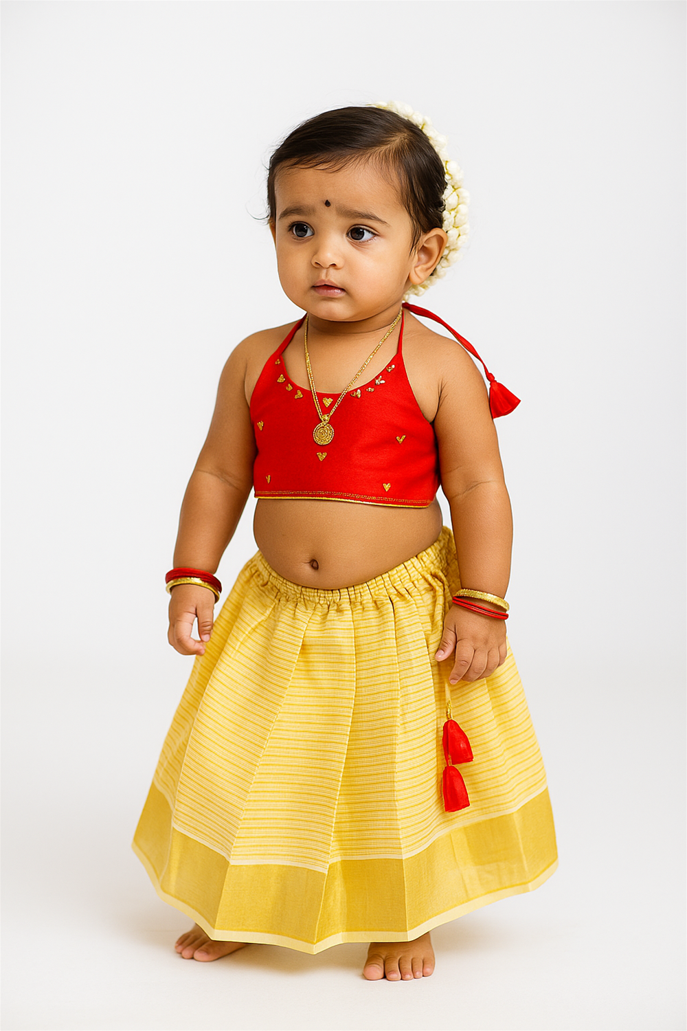 A baby girl is dressed in a red halter-neck blouse with gold embellishments and a yellow striped skirt, accessorized with bangles, anklets, and a jasmine garland in her hair. She stands barefoot against a plain white studio background, showcasing the traditional outfit.
