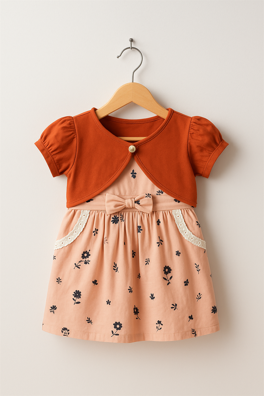 A delicate baby girl's dress showcasing a lovely floral design.