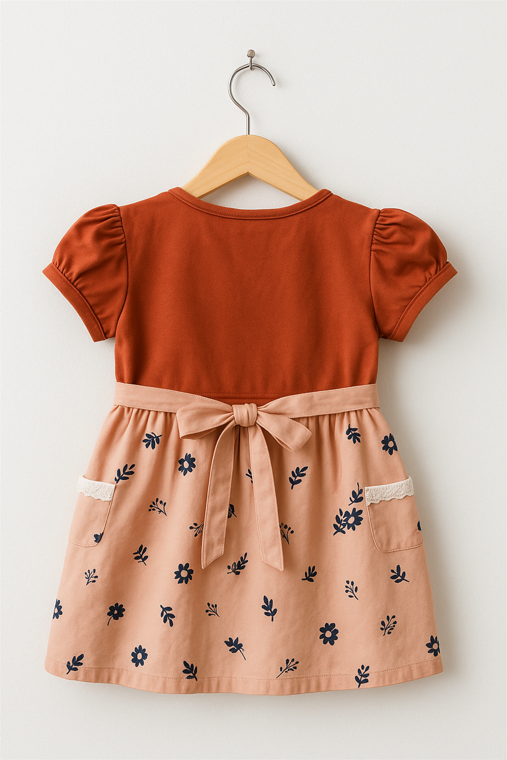 A delicate baby girl's dress showcasing a lovely floral design. Back side view.