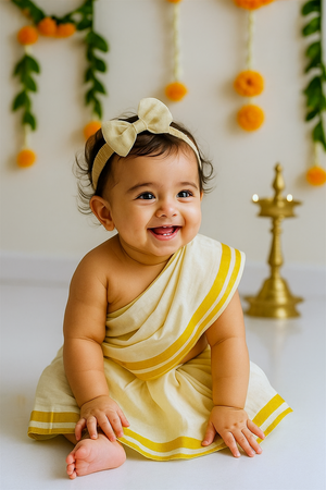 A smiling baby dressed in a cream and yellow traditional Kerala outfit wears the matching beige bow hairband. The backdrop with marigold flowers and a brass lamp creates a festive Onam celebration scene.