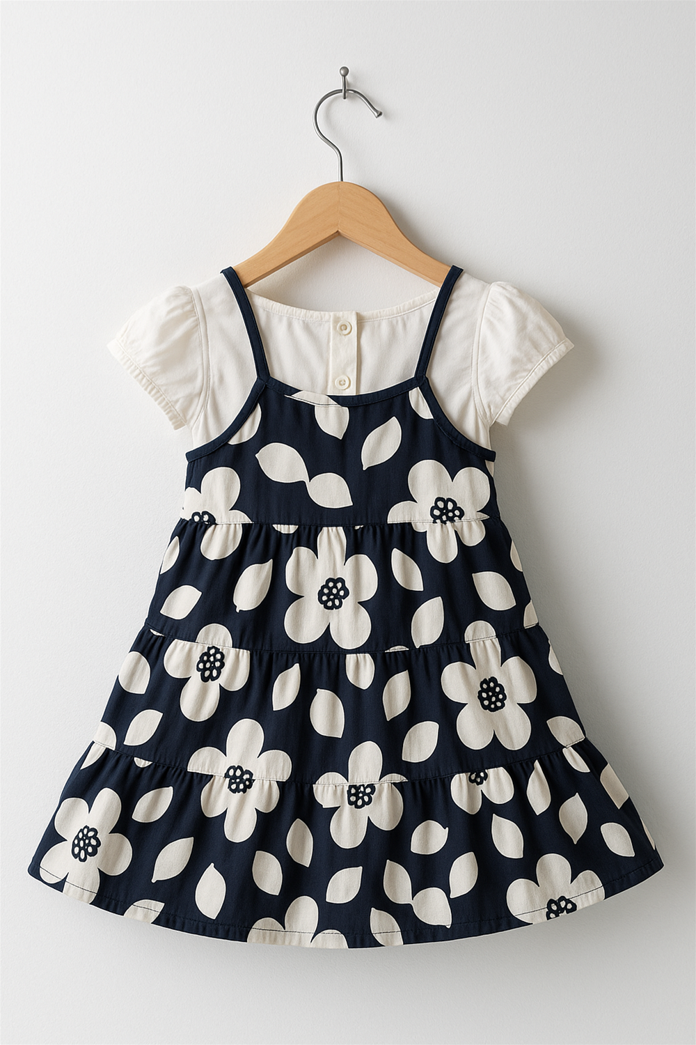 A black and white dress in a hanger back view.